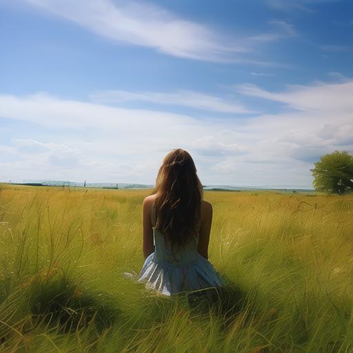 天使之恋私服草原上的美女背影_自然风景_图库_素材_回车素材